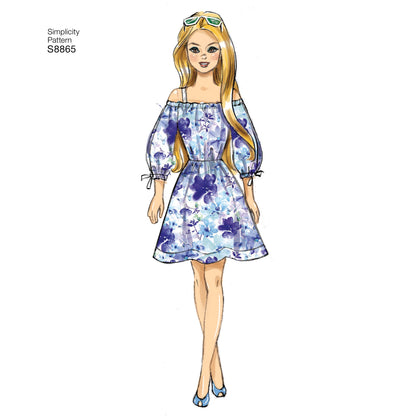 Simplicity S8865 sewing pattern envelope showing 11.5in fashion doll clothes designs