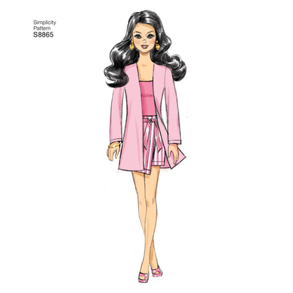 Simplicity S8865 sewing pattern envelope showing 11.5in fashion doll clothes designs