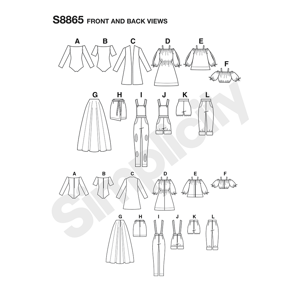 Simplicity S8865 sewing pattern envelope showing 11.5in fashion doll clothes designs