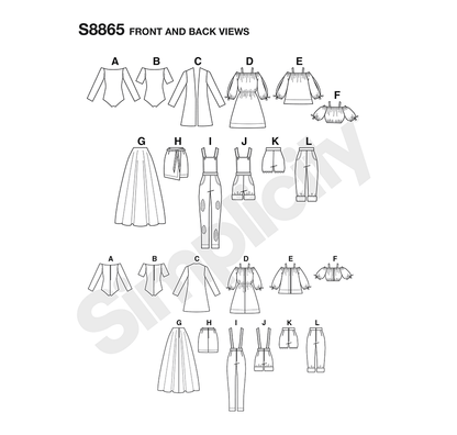 Simplicity S8865 sewing pattern envelope showing 11.5in fashion doll clothes designs
