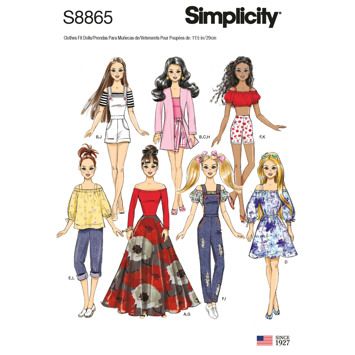Simplicity S8865 sewing pattern envelope showing 11.5in fashion doll clothes designs