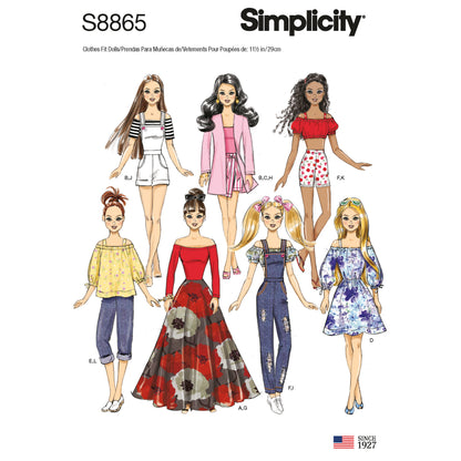 Simplicity S8865 sewing pattern envelope showing 11.5in fashion doll clothes designs