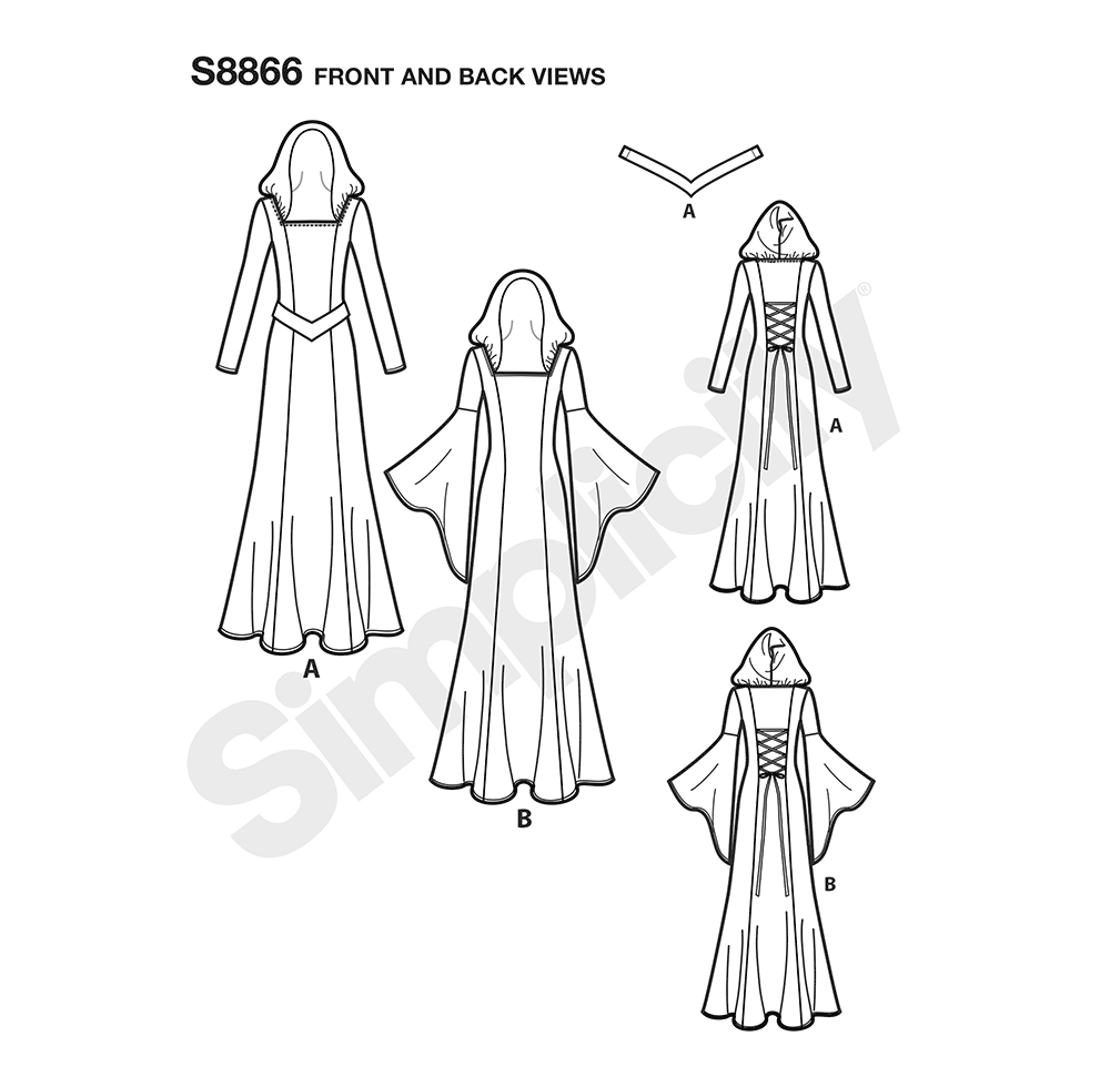 Simplicity S8866 sewing pattern envelope showing misses' costume dresses designs