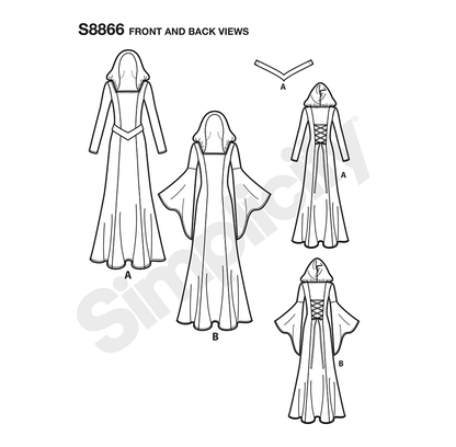Simplicity S8866 sewing pattern envelope showing misses' costume dresses designs