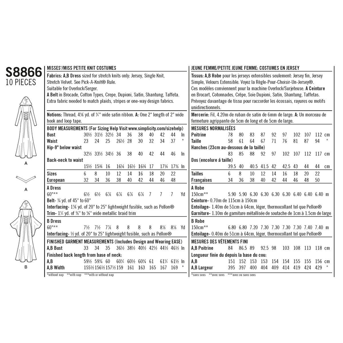 Simplicity S8866 sewing pattern envelope showing misses' costume dresses designs