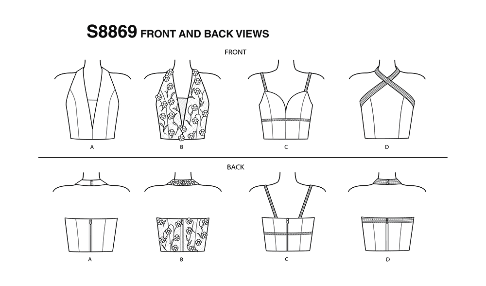 Simplicity S8869 sewing pattern envelope showing misses' lined tops designs