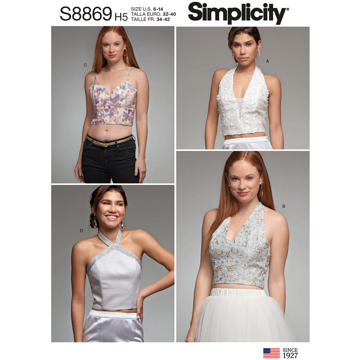 Simplicity S8869 sewing pattern envelope showing misses' lined tops designs
