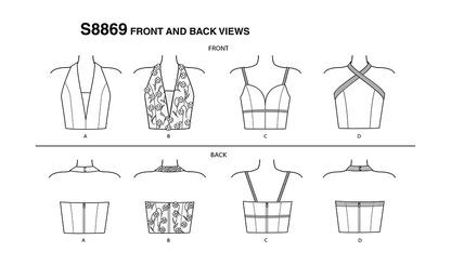 Simplicity S8869 sewing pattern envelope showing misses' lined tops designs