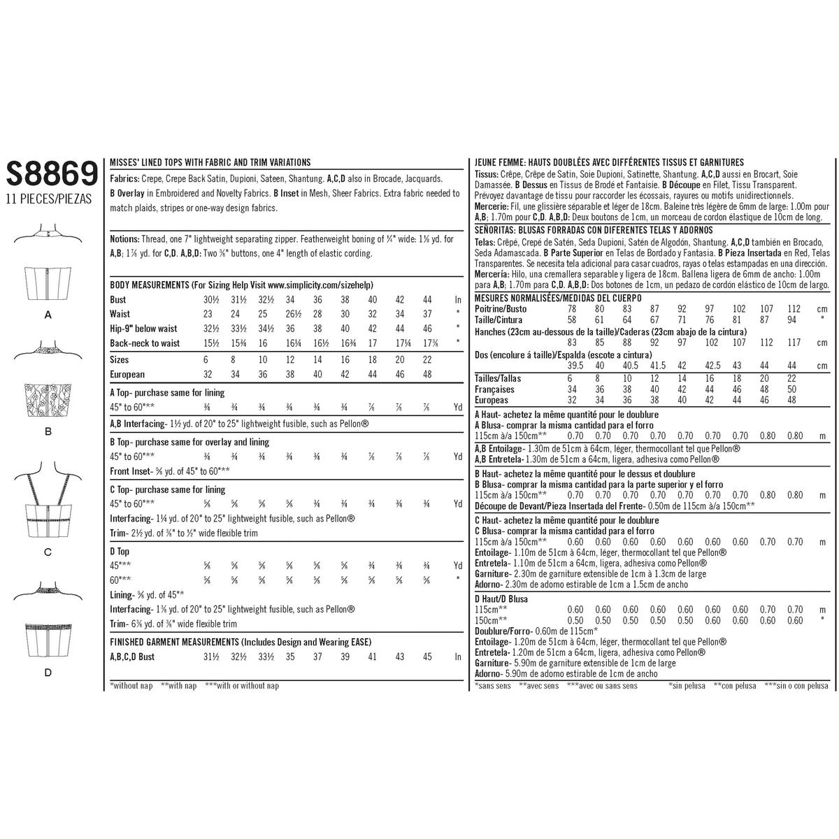 Simplicity S8869 sewing pattern envelope showing misses' lined tops designs