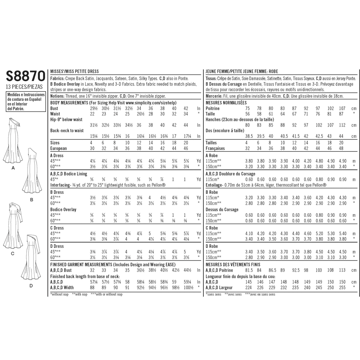 Simplicity S8870 sewing pattern envelope showing misses' special occasion dress designs