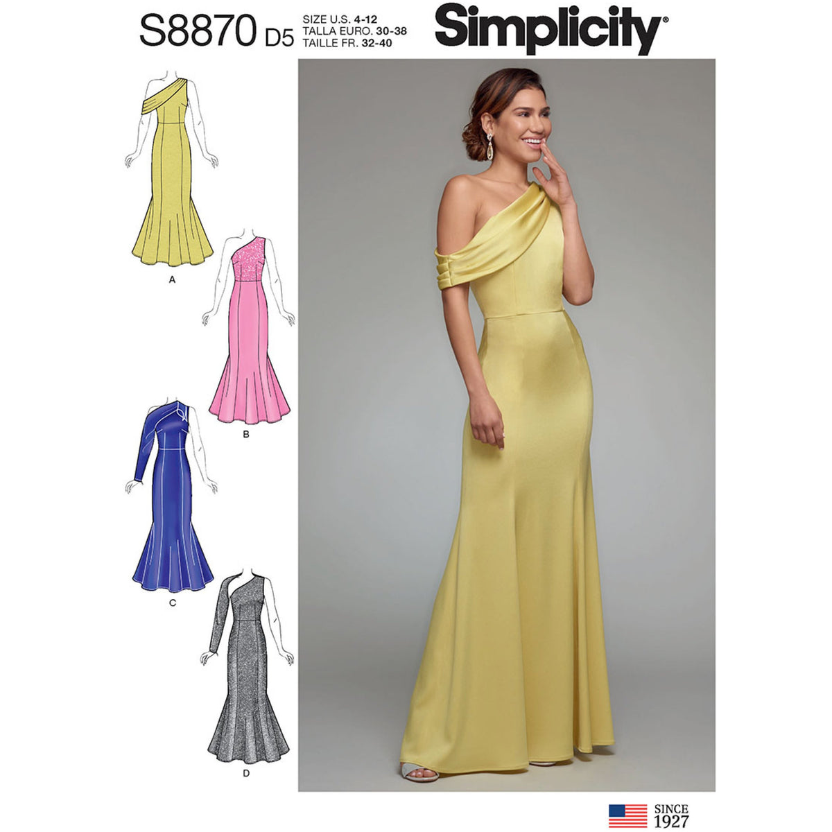 Simplicity S8870 sewing pattern envelope showing misses' special occasion dress designs