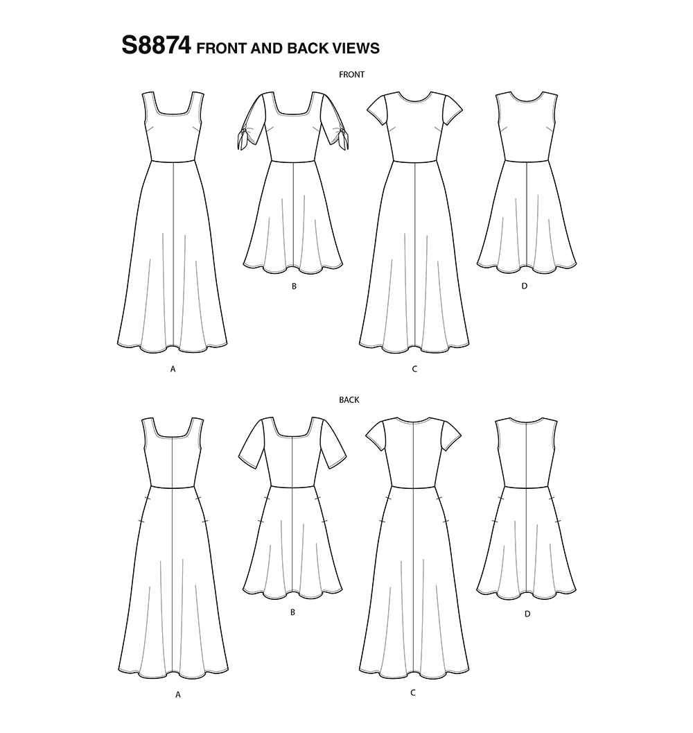 Simplicity S8874 sewing pattern envelope showing misses' dress designs