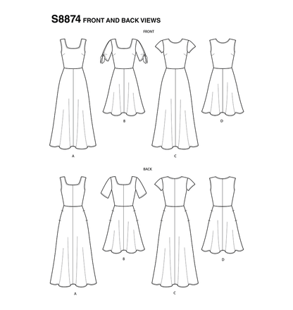 Simplicity S8874 sewing pattern envelope showing misses' dress designs