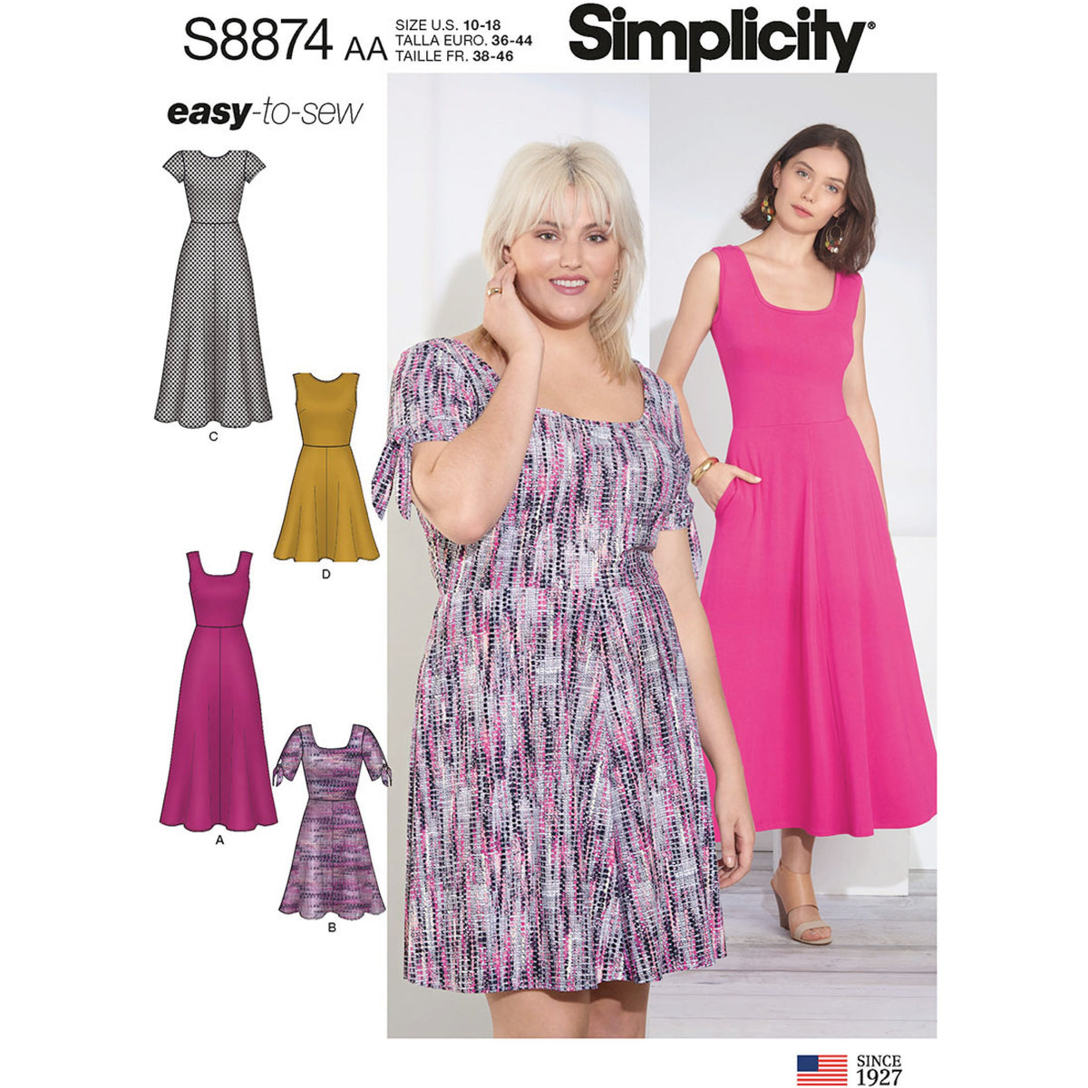 Simplicity S8874 sewing pattern envelope showing misses' dress designs
