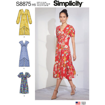Simplicity S8875 sewing pattern envelope showing misses' tea dress designs