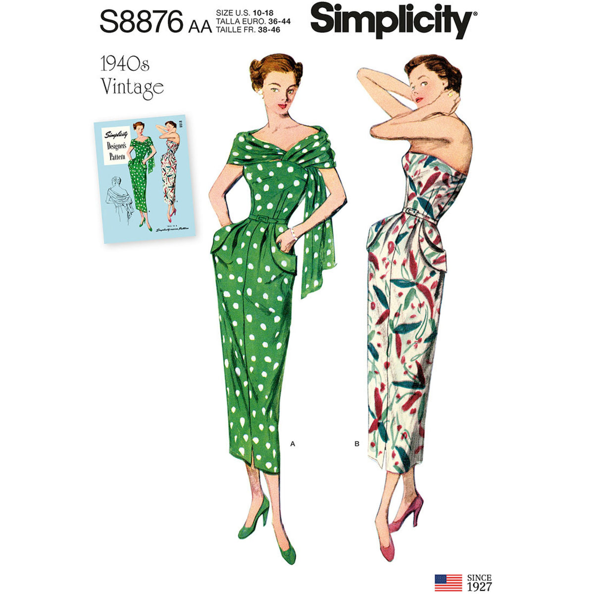 Simplicity S8876 sewing pattern envelope showing misses' 1940s vintage-style dress designs