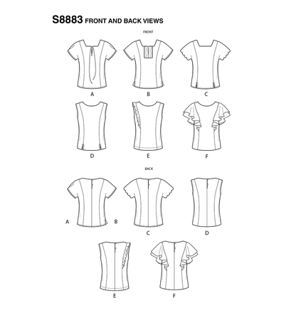 Simplicity S8883 sewing pattern envelope showing misses' princess seam tops designs
