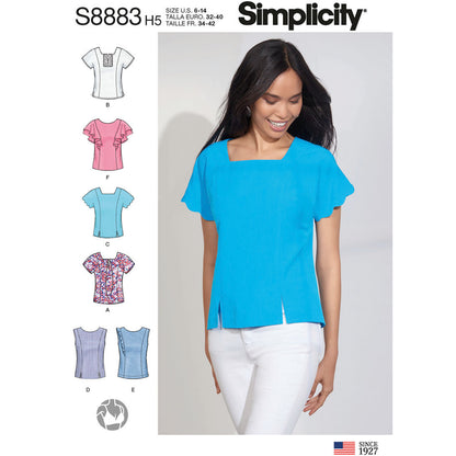 Simplicity S8883 sewing pattern envelope showing misses' princess seam tops designs