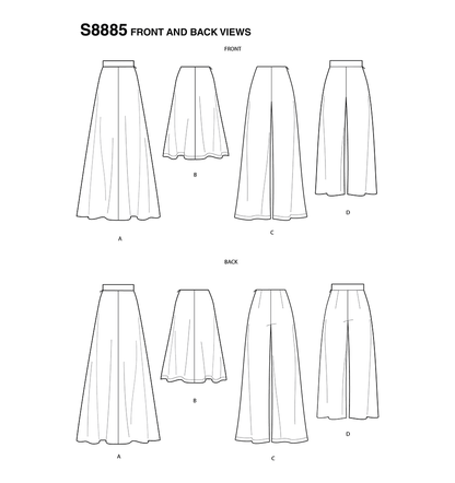 Simplicity S8885 sewing pattern envelope showing misses' skirt designs
