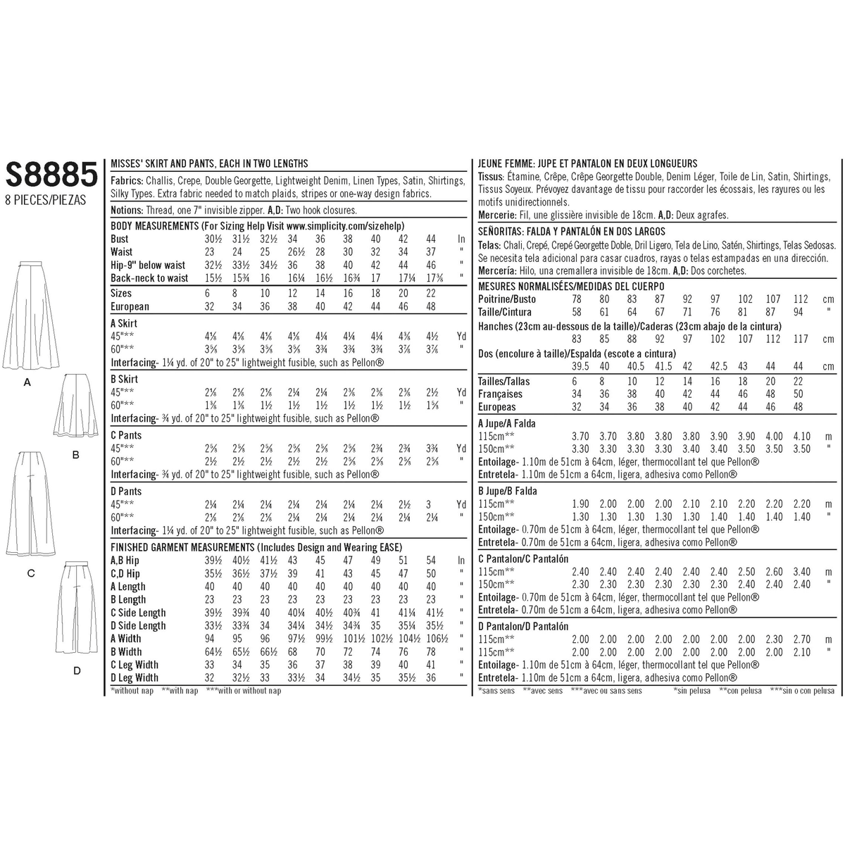 Simplicity S8885 sewing pattern envelope showing misses' skirt designs