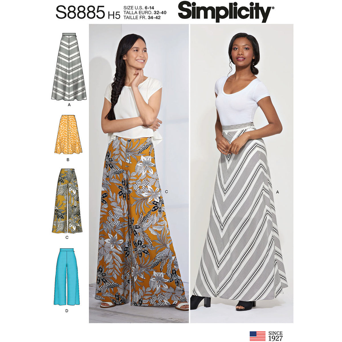Simplicity S8885 sewing pattern envelope showing misses' skirt designs