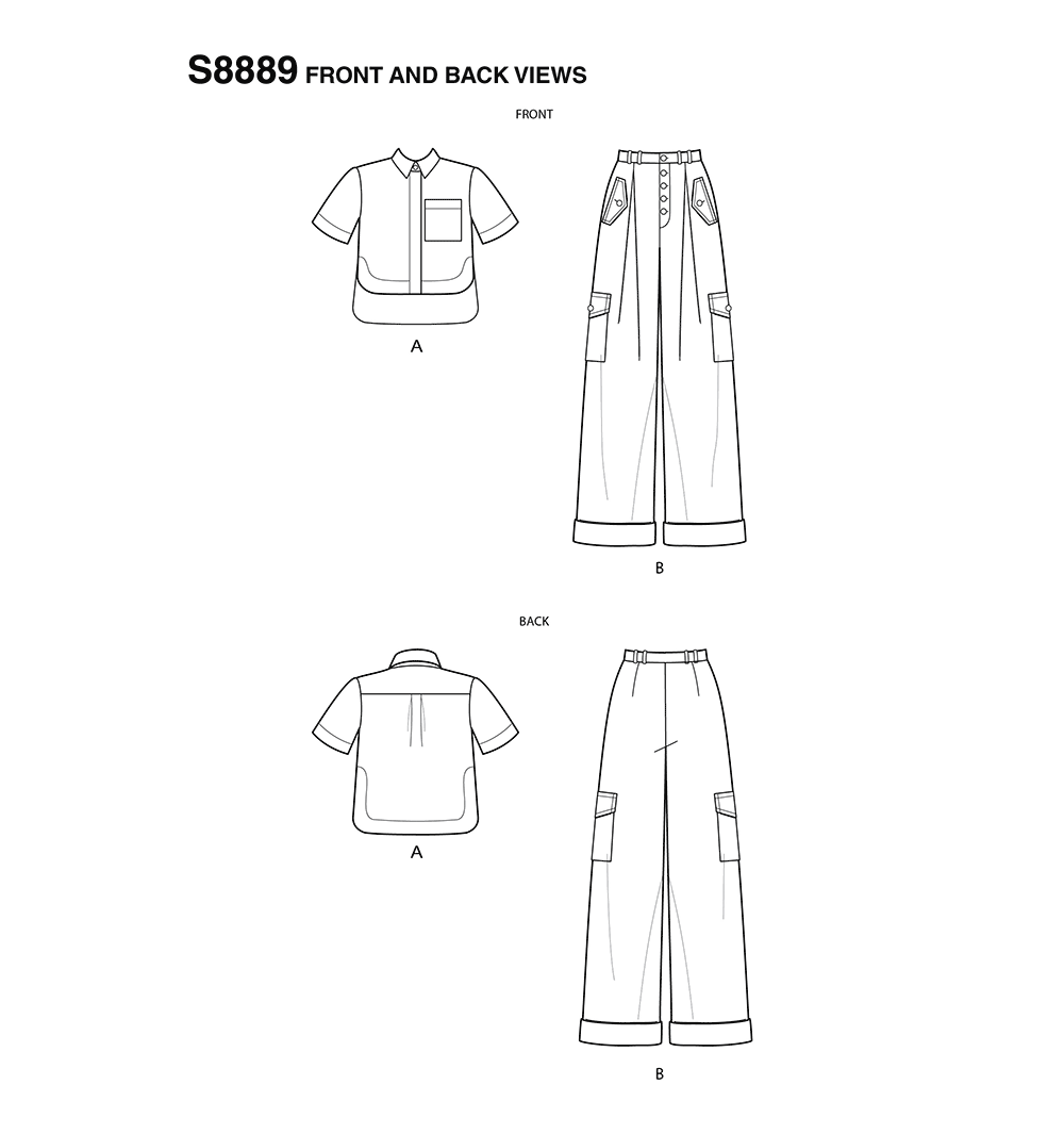 Simplicity S8889 sewing pattern envelope showing misses' shirt designs