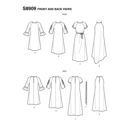 Simplicity S8909 sewing pattern envelope showing misses' raglan sleeve dress designs