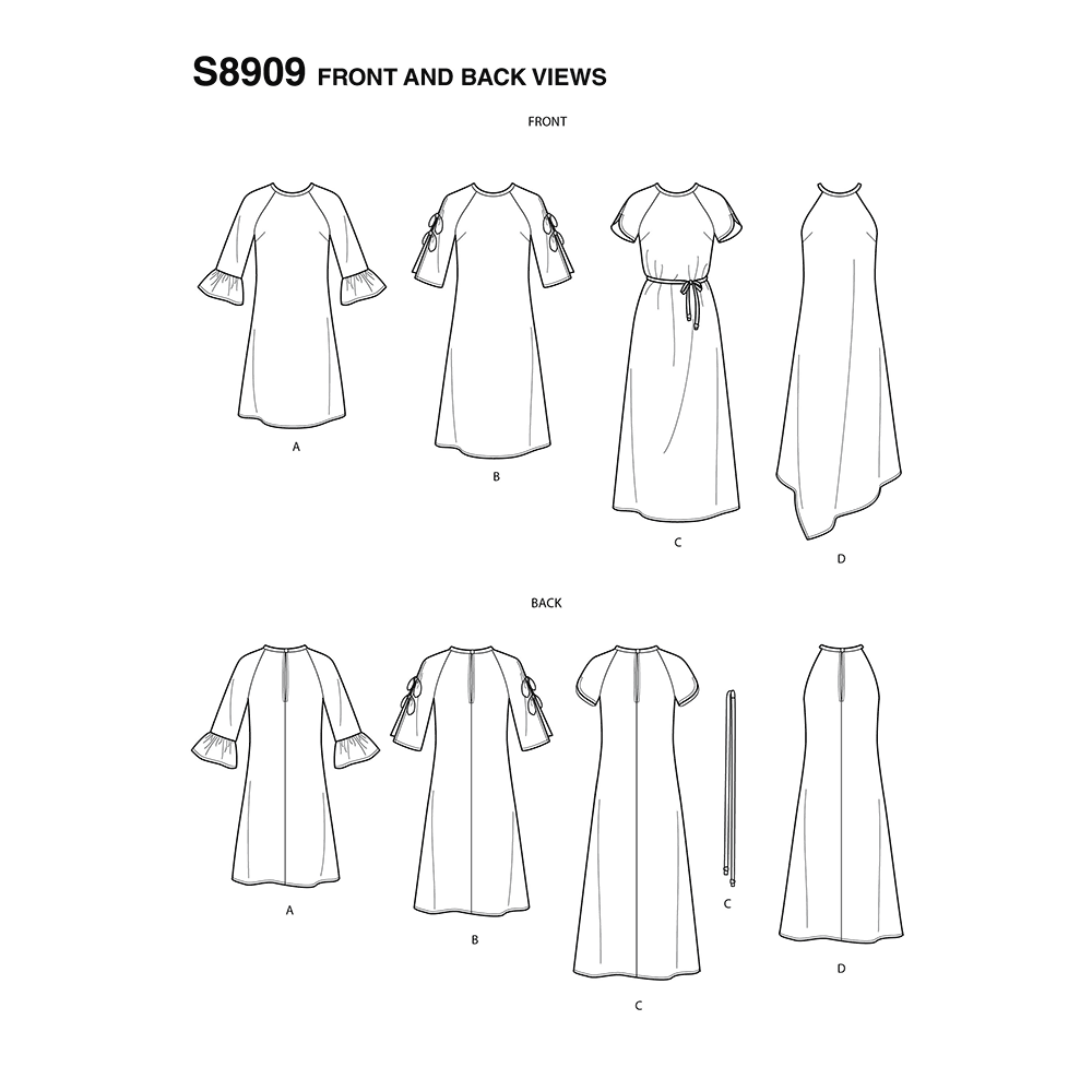 Simplicity S8909 sewing pattern envelope showing misses' raglan sleeve dress designs