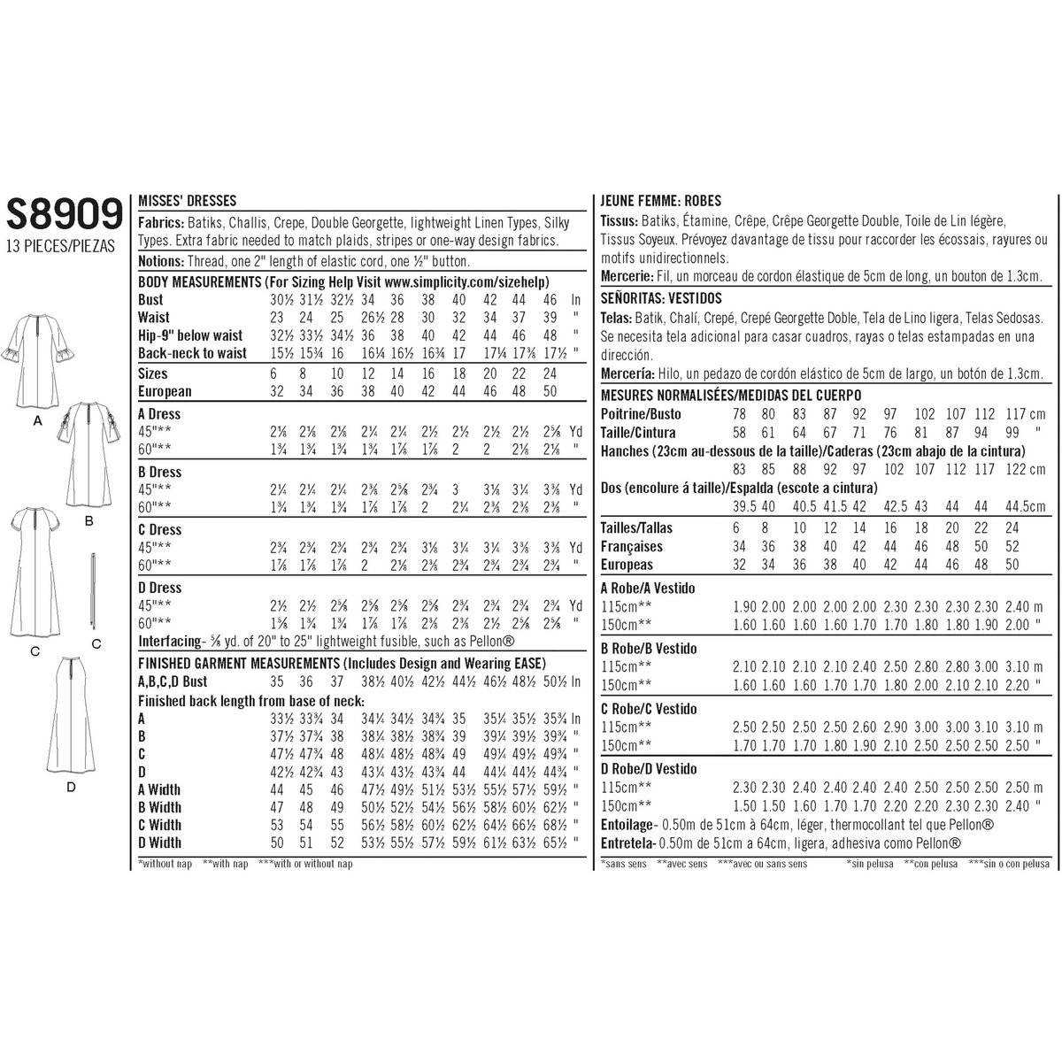 Simplicity S8909 sewing pattern envelope showing misses' raglan sleeve dress designs