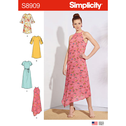 Simplicity S8909 sewing pattern envelope showing misses' raglan sleeve dress designs