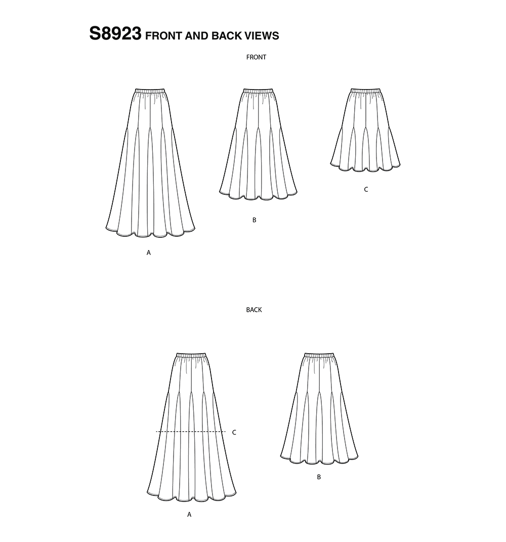 Simplicity S8923 sewing pattern envelope showing skirts