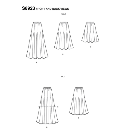 Simplicity S8923 sewing pattern envelope showing skirts