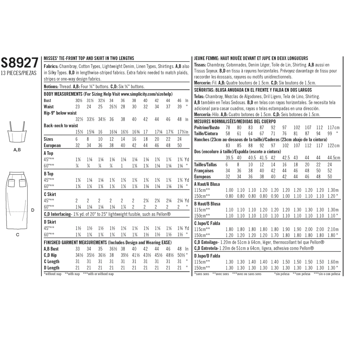 Simplicity S8927 sewing pattern envelope showing casual wear
