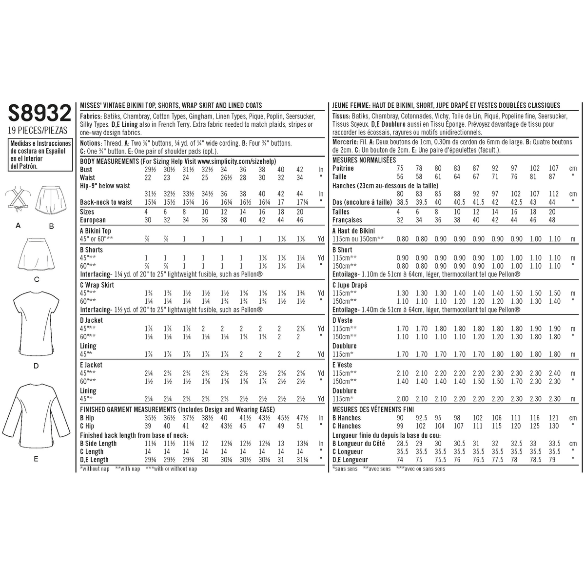 Simplicity S8932 sewing pattern envelope showing a vintage-style bikini