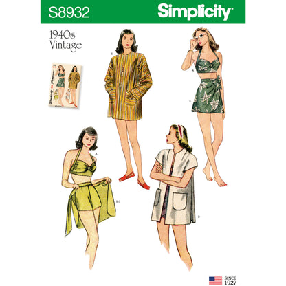 Simplicity S8932 sewing pattern envelope showing a vintage-style bikini