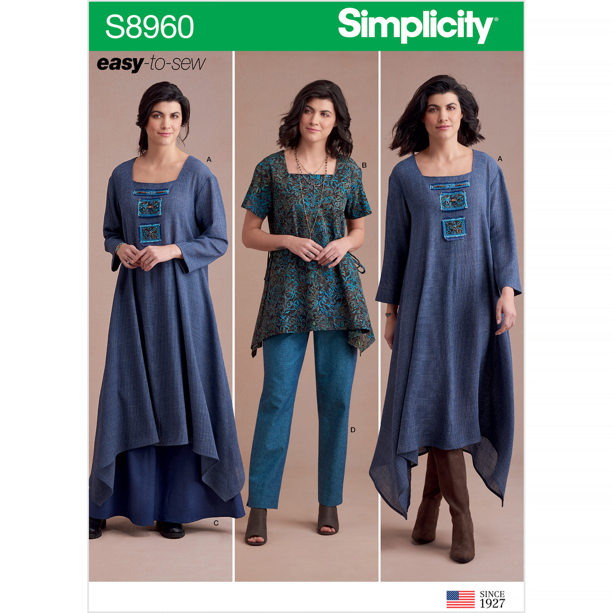 Simplicity S8960 sewing pattern envelope showing a boho dress and tunic