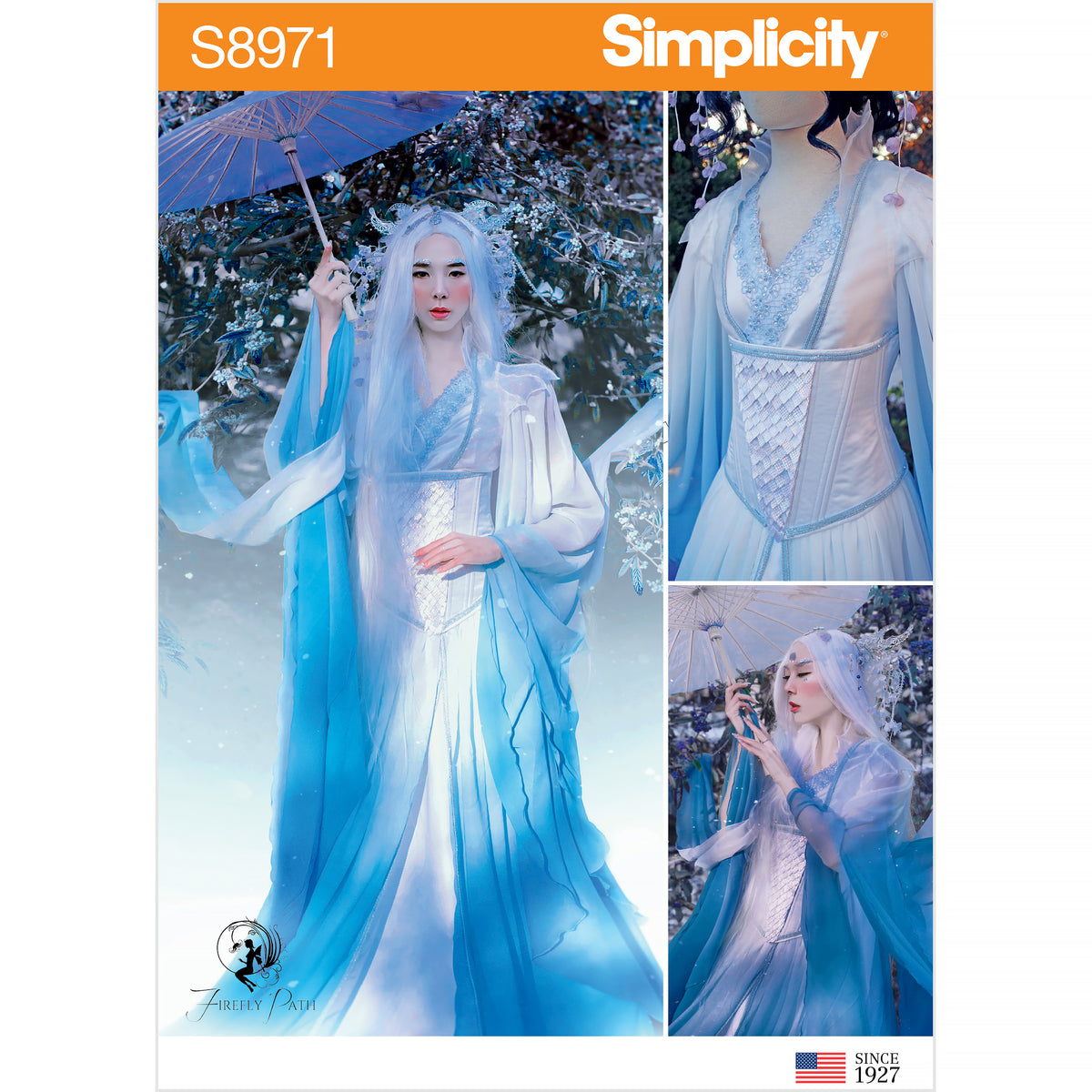 Simplicity S8971 sewing pattern envelope showing an ice queen costume
