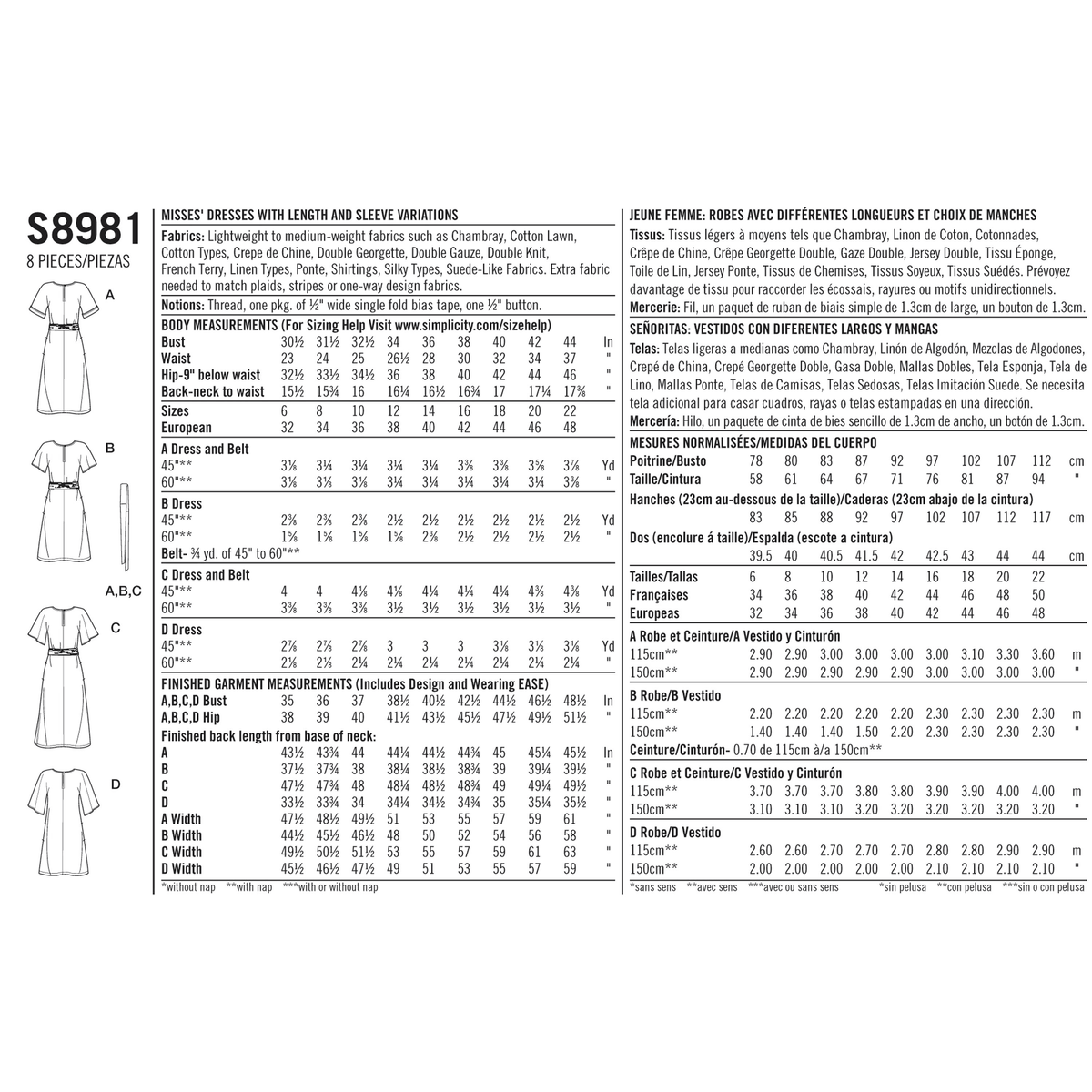 Simplicity S8981 sewing pattern envelope showing dresses