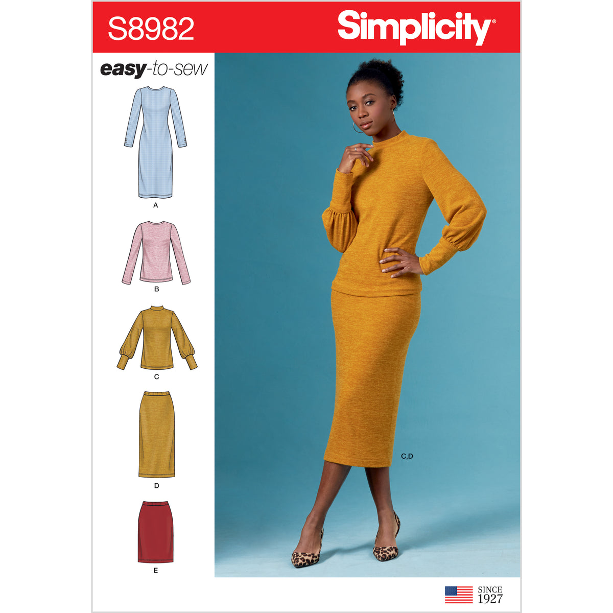 Simplicity S8982 sewing pattern envelope showing a dress and a two-piece top and skirt