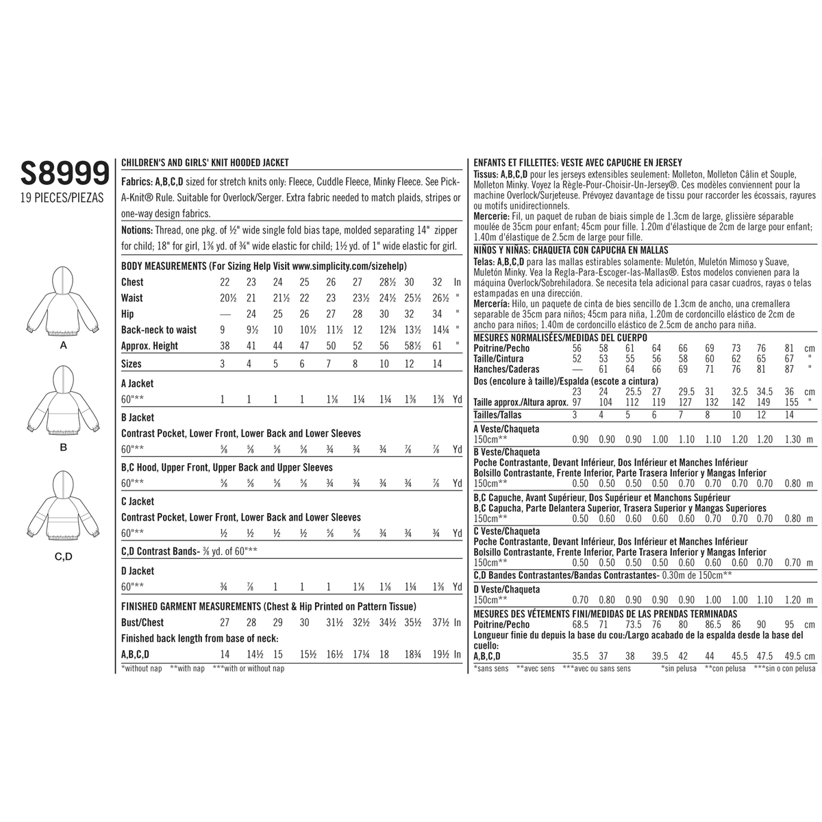 Simplicity S8999 sewing pattern envelope showing girls' hooded jackets