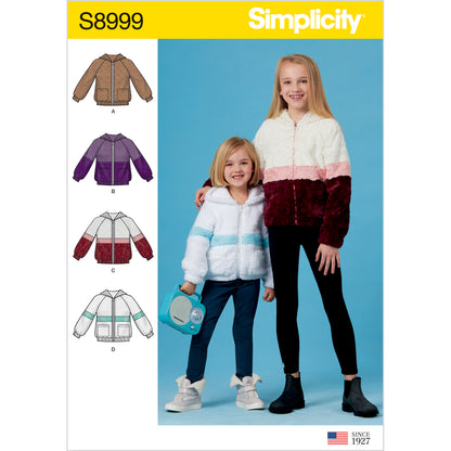 Simplicity S8999 sewing pattern envelope showing girls' hooded jackets