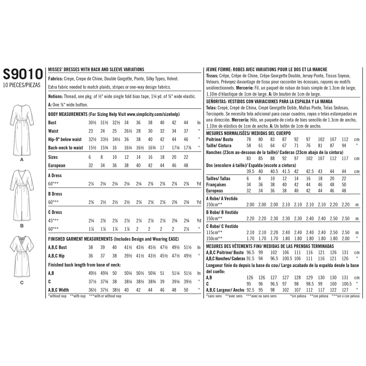 Simplicity S9010 sewing pattern envelope showing loose-fit dresses