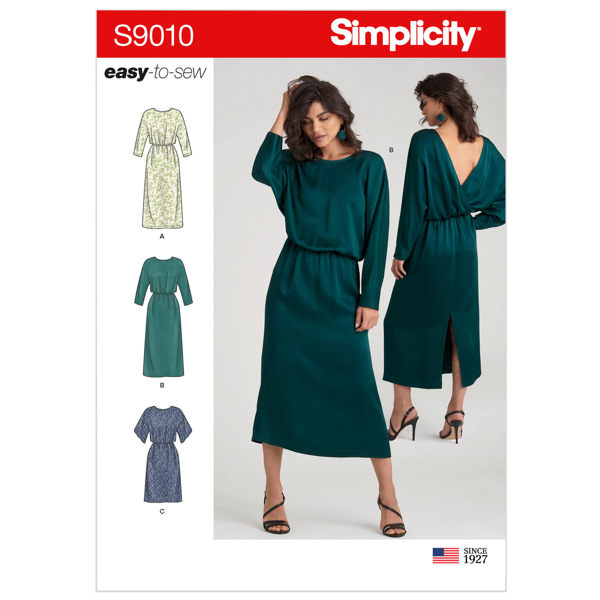 Simplicity S9010 sewing pattern envelope showing loose-fit dresses