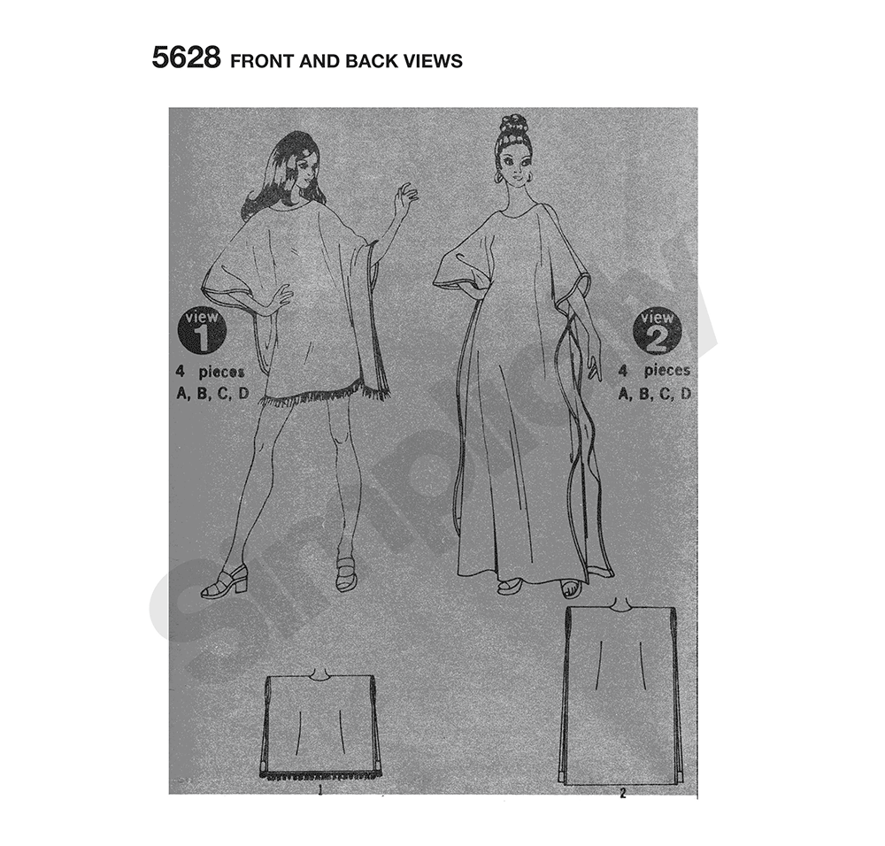 Simplicity S5628 sewing pattern envelope showing a 1970s caftan
