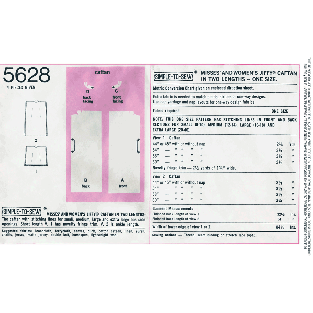 Simplicity S5628 sewing pattern envelope showing a 1970s caftan