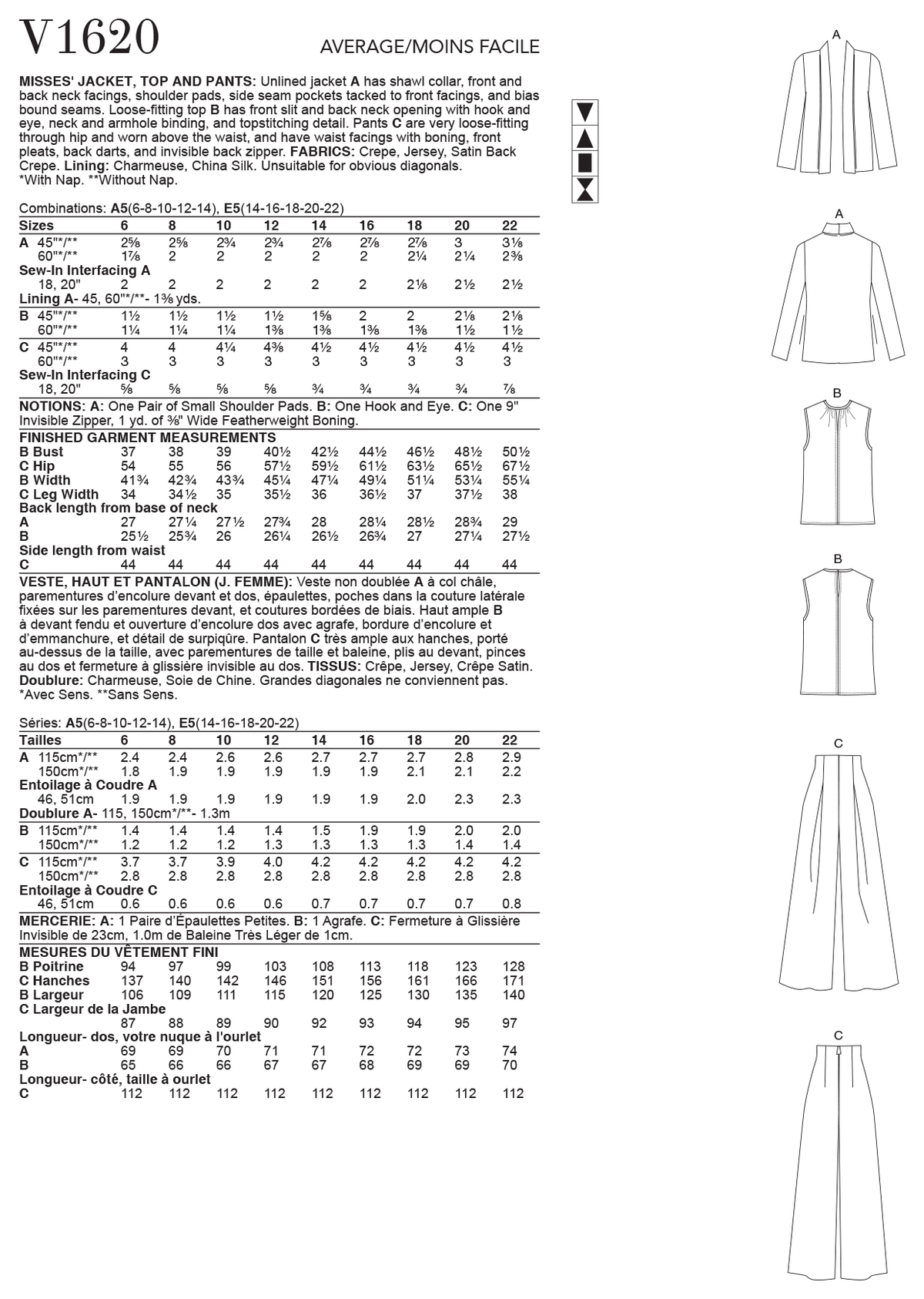 Vogue V1620 sewing pattern envelope showing an unlined shawl-collar jacket