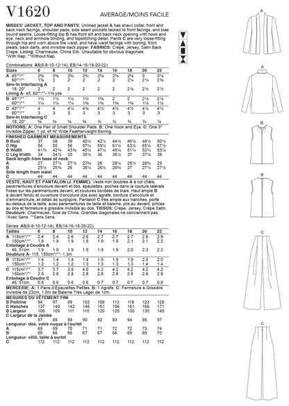 Vogue V1620 sewing pattern envelope showing an unlined shawl-collar jacket