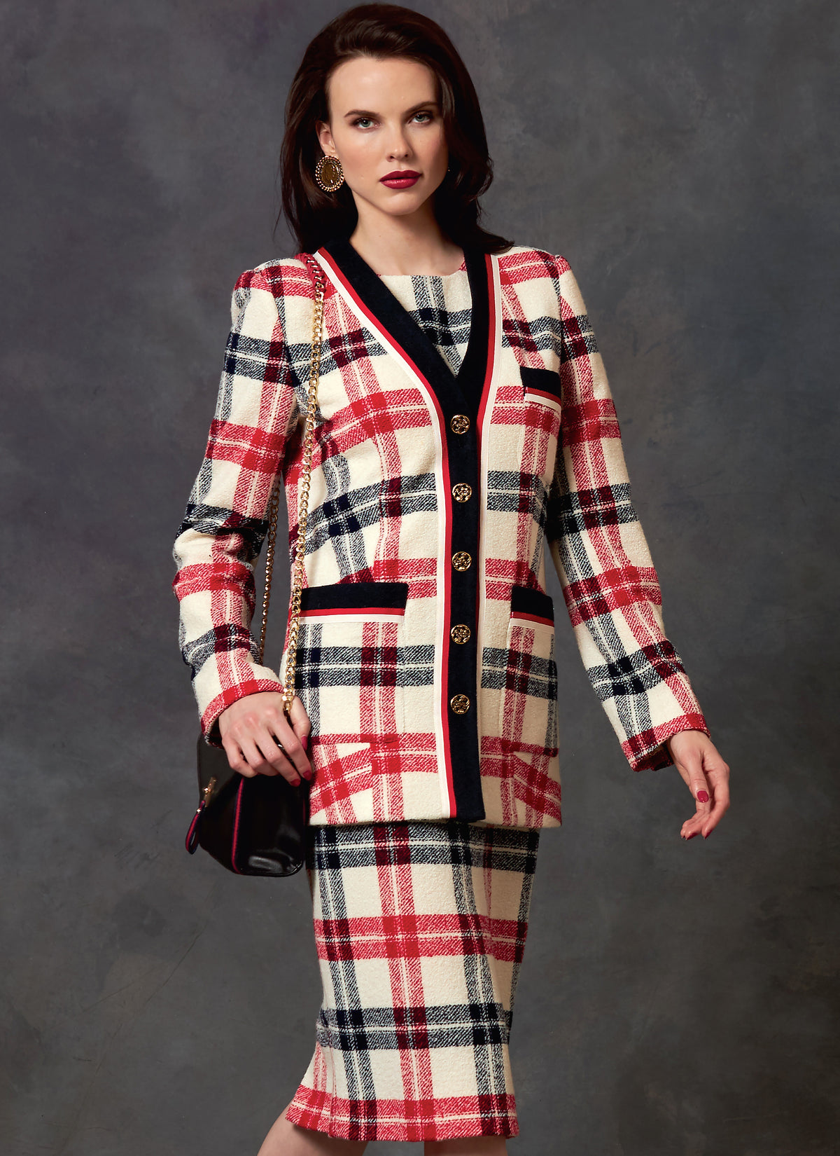 Vogue Patterns V1643 pattern envelope showing semi-fitted, lined jacket with button front