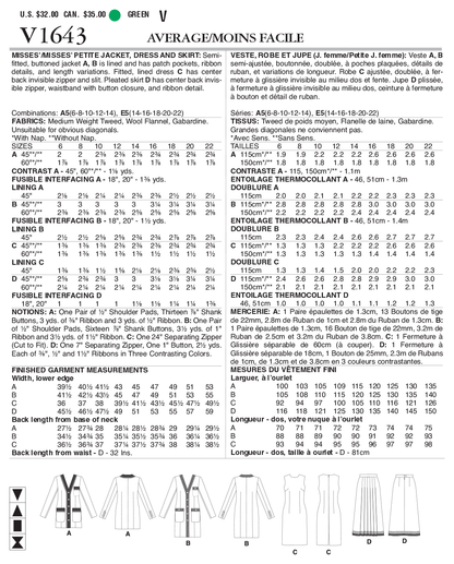 Vogue Patterns V1643 pattern envelope showing semi-fitted, lined jacket with button front