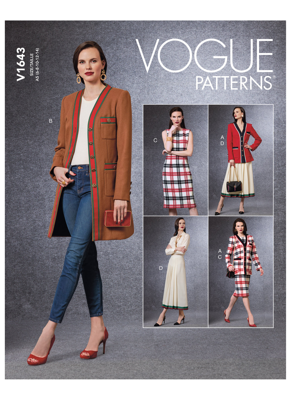 Vogue Patterns V1643 pattern envelope showing semi-fitted, lined jacket with button front